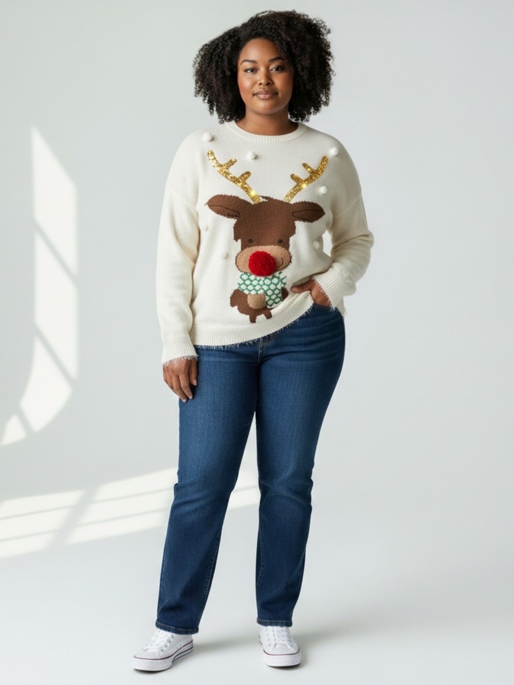 RED HERRING Ivory Reindeer Knit Christmas Jumper - UK 20/US 16
